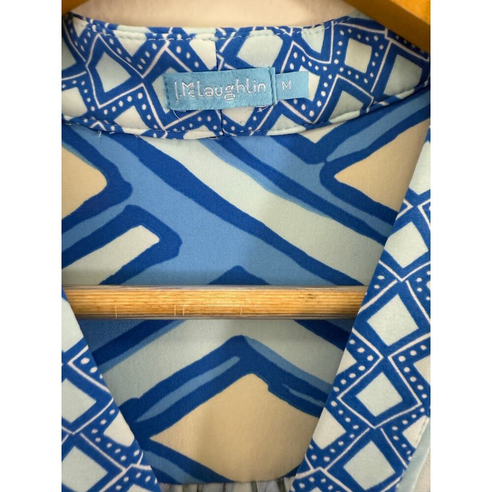 J McLaughlin Emer Dress M Blue Geo Print V-Neck 3/4 Sleeve Midi Casual Resort - Picture 9 of 9